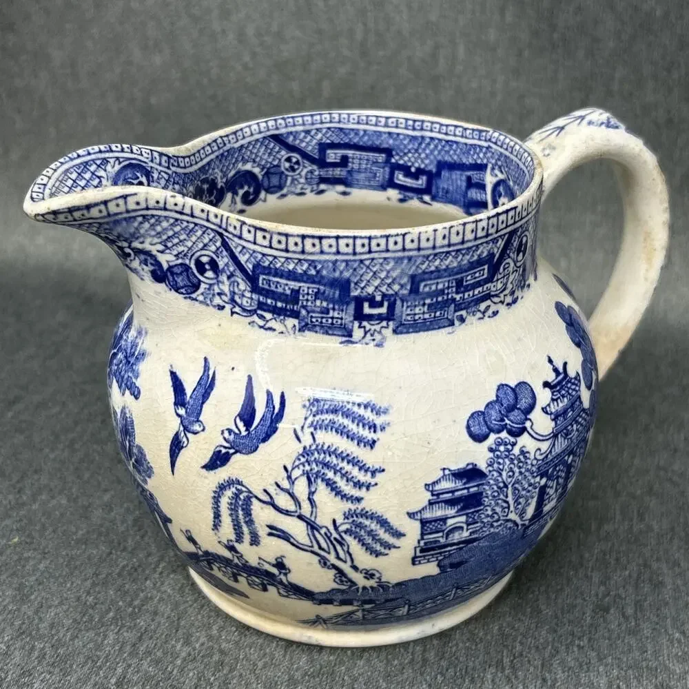 Antique W Ridgway Blue Willow Semi China Pitcher Creamer England Crazing READ